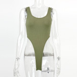 Sexy Slim Fit Cotton Tank Top with U-Neck and High-Slit Bodysuit