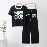 Color-Blocking Letter Print Knit Two-Piece Set with Wide-Leg Pants