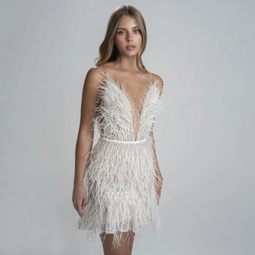 Backless Party Dress with Deep V-Neck and Feather Accents