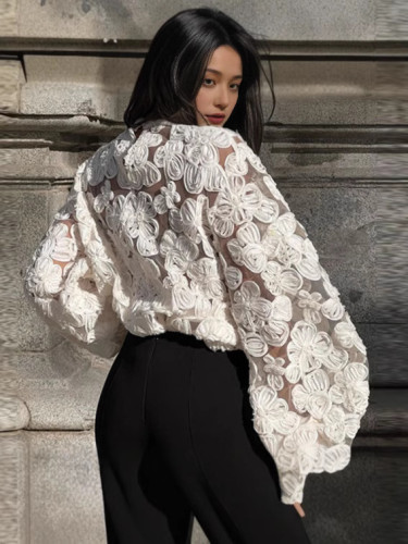 Elegant French White Loose Embroidered Hollow Top