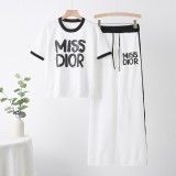 Color-Blocking Letter Print Knit Two-Piece Set with Wide-Leg Pants