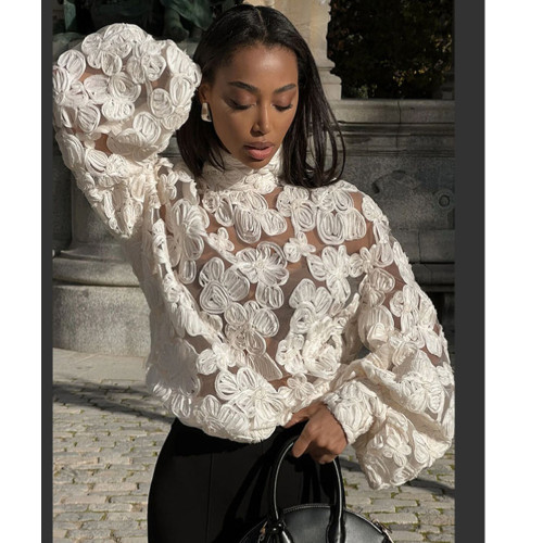 Elegant French White Loose Embroidered Hollow Top
