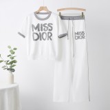 Color-Blocking Letter Print Knit Two-Piece Set with Wide-Leg Pants