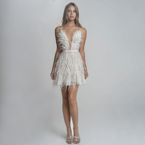 Backless Party Dress with Deep V-Neck and Feather Accents