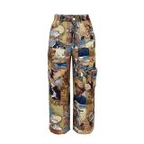 Women's Tapestry Pattern Cargo Pants with Multiple Pockets