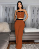 Color-Blocked Corset Top with Decorative Buttons and Wide-Leg High-Waisted Pants Set