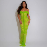 Sexy Ruffled Mesh Pleats Maxi Dress