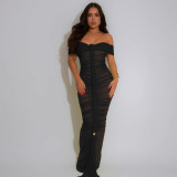 Sexy Ruffled Mesh Pleats Maxi Dress