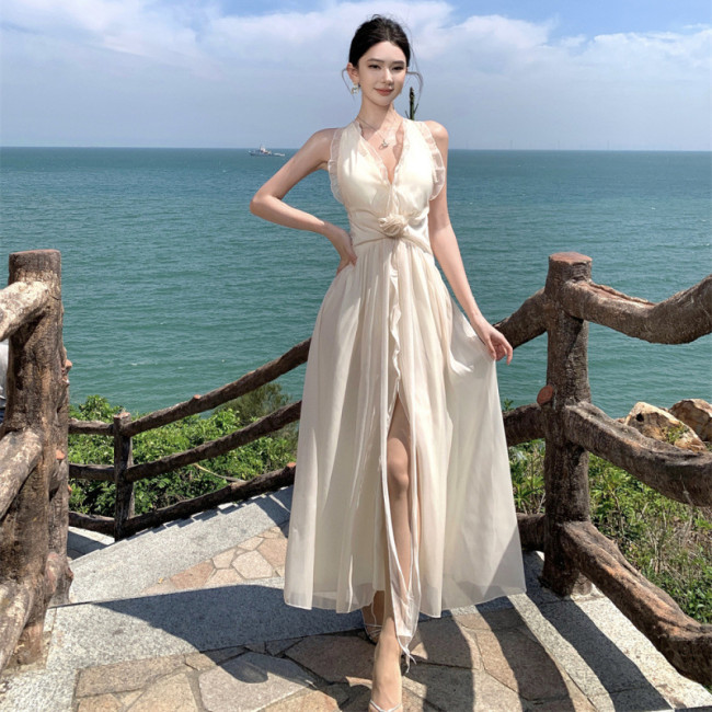 Sleeveless V-Neck Backless Maxi Dress with Ruffle Edges