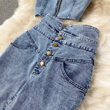 Sexy Cropped Spaghetti Strap Tank Top & High-Waisted Denim Mini Skirt for Women