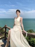 Sleeveless V-Neck Backless Maxi Dress with Ruffle Edges