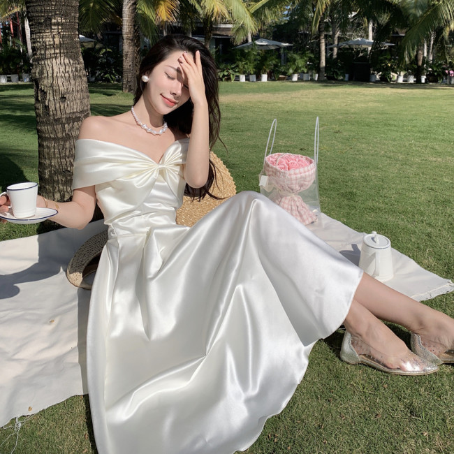 White Off-Shoulder Dress with Bowknot and Sweetheart Neckline