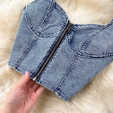 Sexy Cropped Spaghetti Strap Tank Top & High-Waisted Denim Mini Skirt for Women