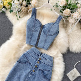 Sexy Cropped Spaghetti Strap Tank Top & High-Waisted Denim Mini Skirt for Women