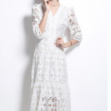 Waist-Cinching Slimming Lace Long Dress with Hollow-Out Crochet and Ruffle Details
