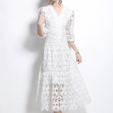 Waist-Cinching Slimming Lace Long Dress with Hollow-Out Crochet and Ruffle Details