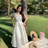 White Off-Shoulder Dress with Bowknot and Sweetheart Neckline