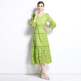 Waist-Cinching Slimming Lace Long Dress with Hollow-Out Crochet and Ruffle Details