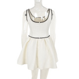 Contrast U-neck Pleated Short Mini Dress