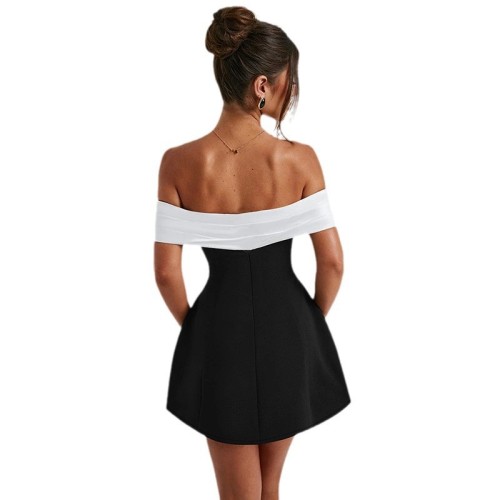 IHOOV Color-Block Off-Shoulder T-shirts Mini Dress Tops for Women