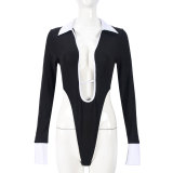Sexy High-Stretch Long Sleeves Open-Crotch Shirt Collar Bodysuit