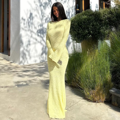 Sexy Backless Solid Color Bell Sleeve Long Dress with Crew Neck