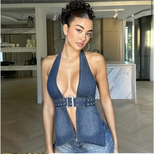 Adjustable Straps Seductive Washed Denim Top