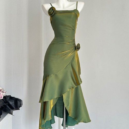 Ruffled Waist Fitted Mermaid Hem Dress with Pleats and Straps