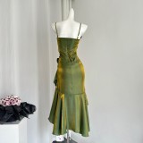 Ruffled Waist Fitted Mermaid Hem Dress with Pleats and Straps