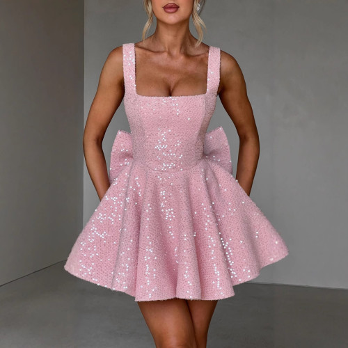 U-Neck Flirty A-Line Dress with Bow for Women