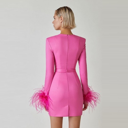 Women's Square Neck Ostrich Feather Long Sleeve Bandage Barbie Dress