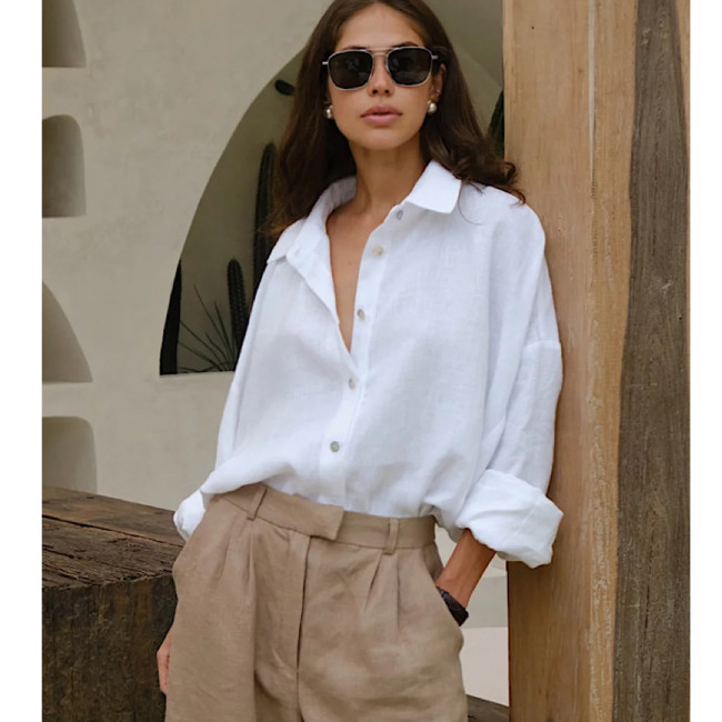 Women's Fashion Casual Solid Color Loose Cotton Shirt
