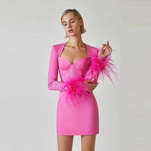Women's Square Neck Ostrich Feather Long Sleeve Bandage Barbie Dress