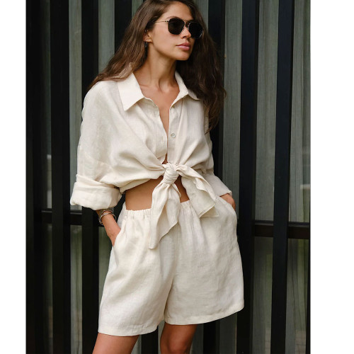 Ihoov Cotton Women's Relaxed Long Sleeve Shirt & Shorts Combo Vacation Set