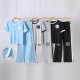 Summer Knit T-Shirt & Color-Block Wide-Leg Pants Set