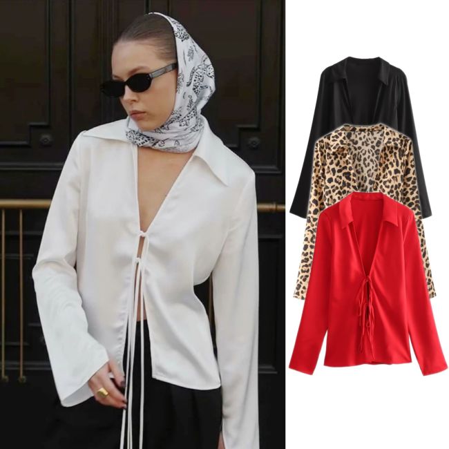 Luxurious Satin Tie-Front Blouse