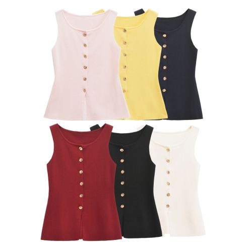 Unique Gold Button Embellished Colorful Knitted Vest