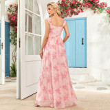 Floral Ruched Double U-Neck Strappy Party Gown