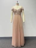 Sequin Embroidered Off-Shoulder V-Neck Party Dress with Sheer A-Line Skirt