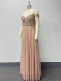 Sequin Embroidered Off-Shoulder V-Neck Party Dress with Sheer A-Line Skirt