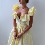Striped Ruffle Trim Belted A-Line Dress