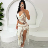 Color-Block Asymmetric Off-Shoulder Printed Dress
