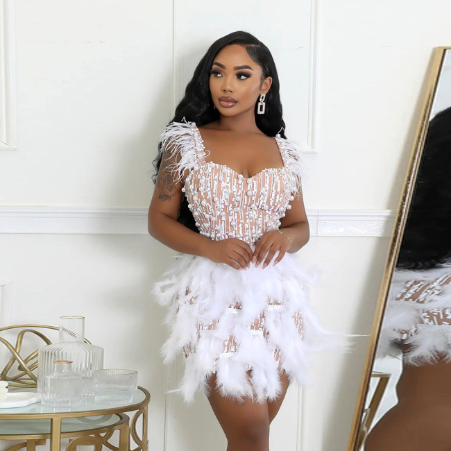 Feathered Rhinestone V-Neck Haute Couture Cocktail Dress