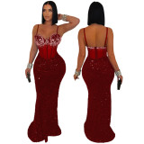 Women Velvet Sequin Beaded Strap Long Party Dress Dress