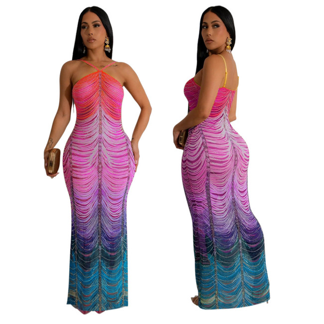 Rhinestone-Embellished Printed Bodycon Maxi Dress