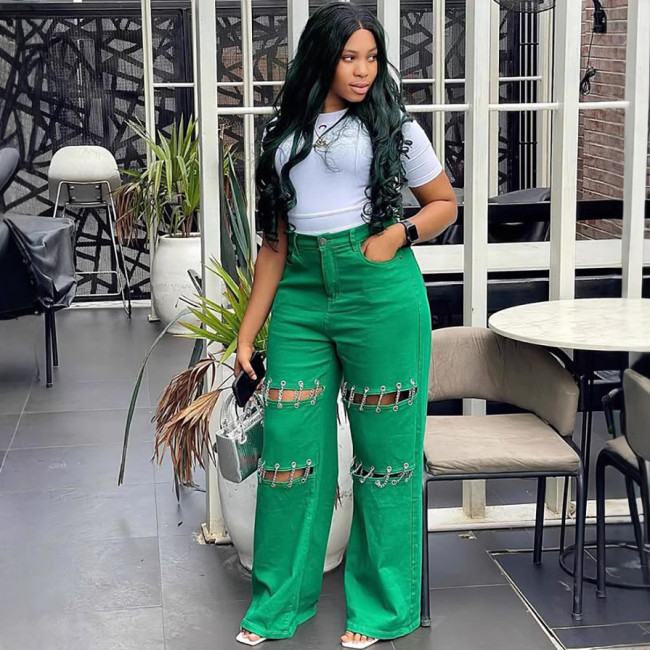 Chain Studded Patchwork Denim Pants