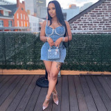 Sparkling Rhinestone Denim Halter Mini Dress