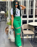 Chain Studded Patchwork Denim Pants