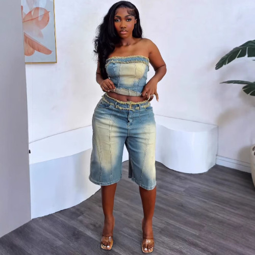Frayed Tube Top & High-Waist Denim Shorts Co-ord Set