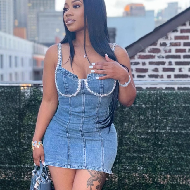 Sparkling Rhinestone Denim Halter Mini Dress